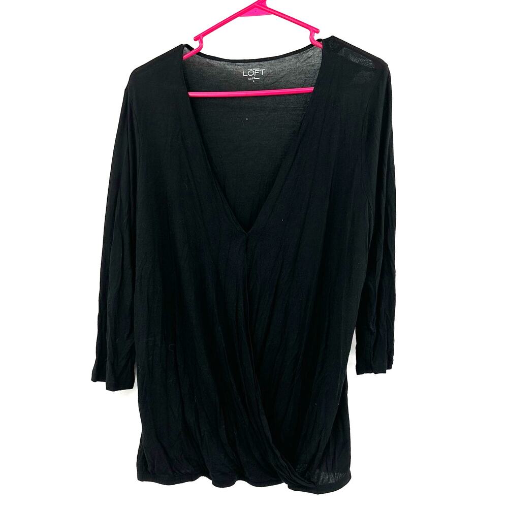 LOFT Size Large Blouse Black 3/4 Sleeve Faux Wrap V Neck Lightweight Casual